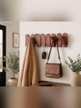 Walnut Wood Piano Key Wall Hook Rack 16.7” Foldable Coat Hat Bag Organizer NWT